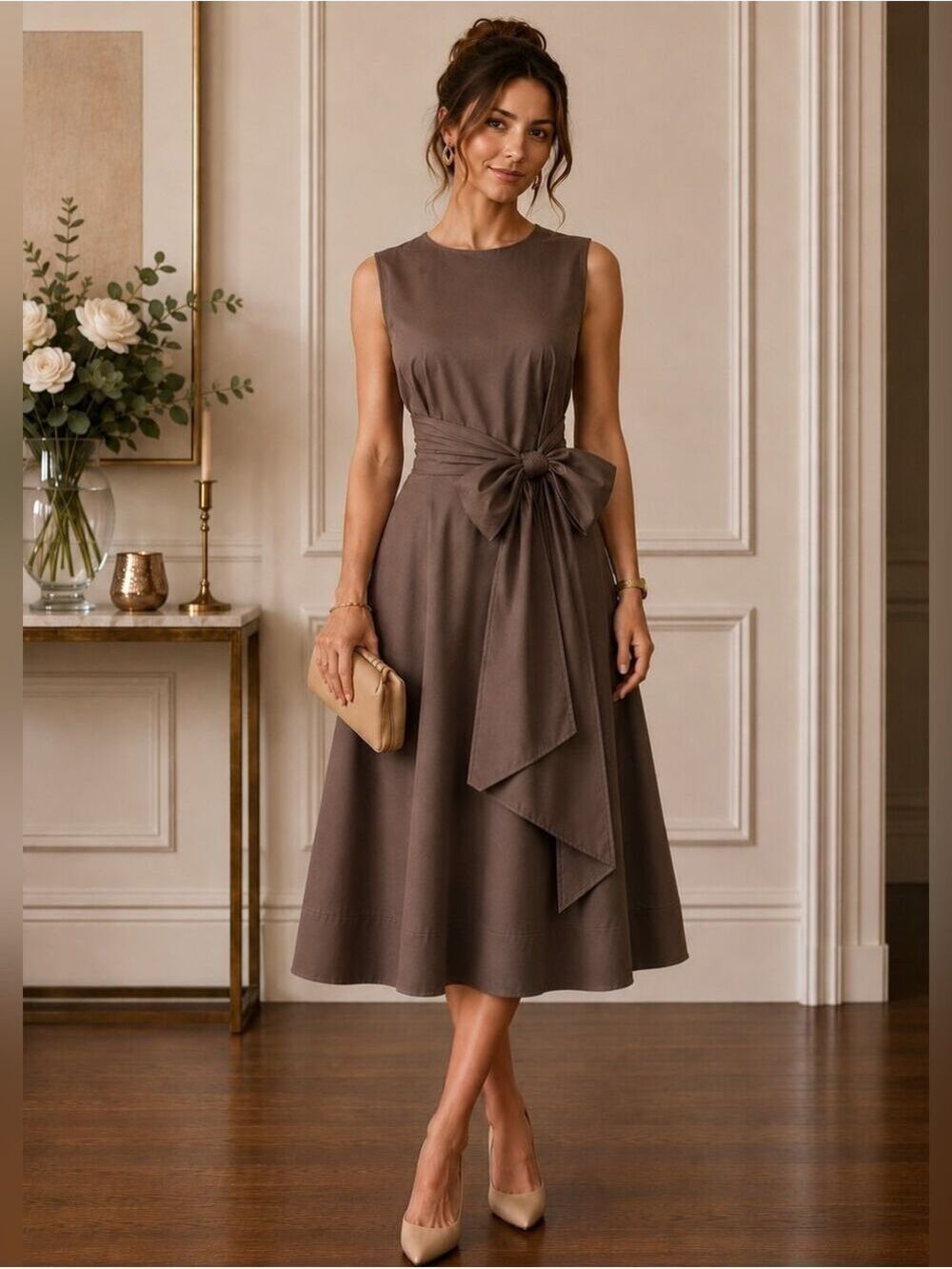 HOBBS LONDON BROWN WIDE TIE WAIST SLEEVELESS ELEGANT MIDI DRESS SIZE 6